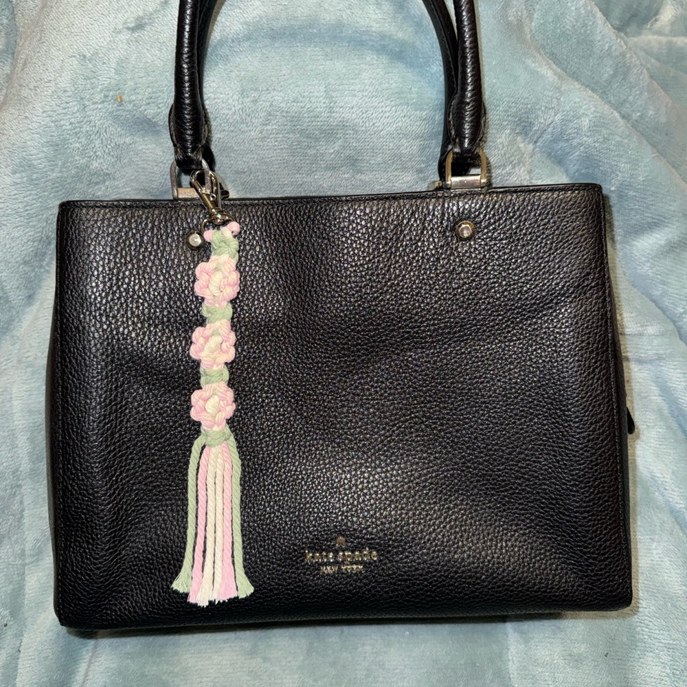 Braided Bag Charm Pink Flower Tassel Design